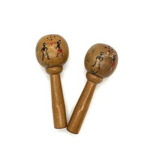 Vintage Wooden Salt and Pepper Shakers with Dancing Figures